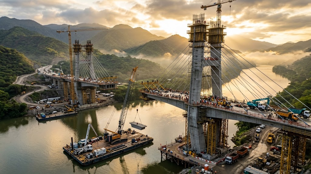 Puente carretero en construcción que muestra el proceso constructivo, desde la cimentación hasta el montaje de la superestructura