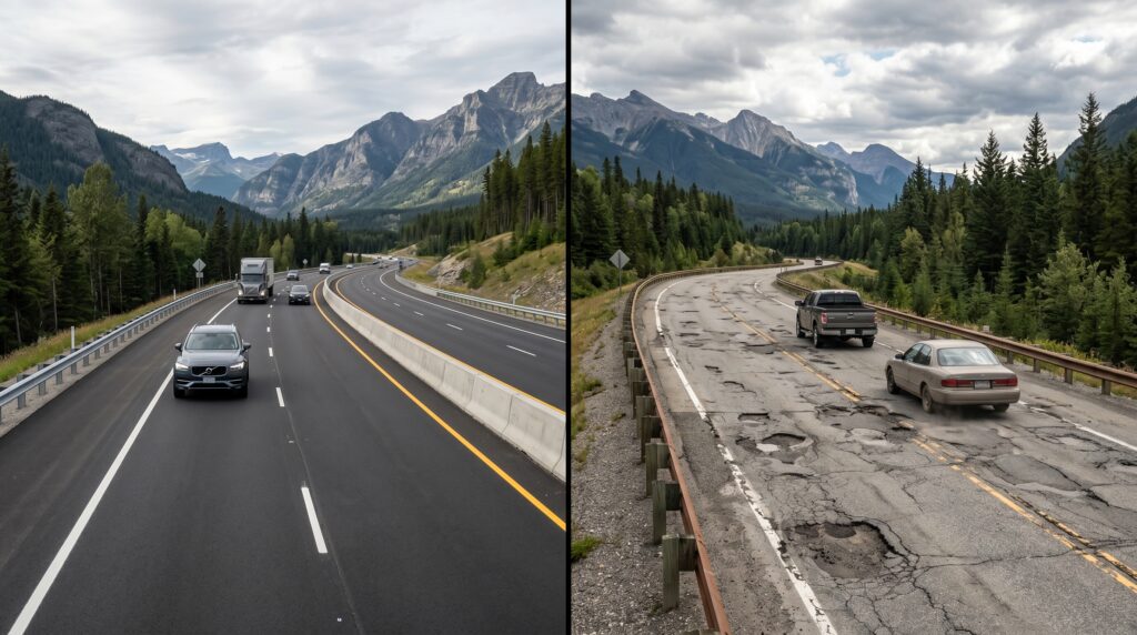 Comparación entre una carretera en buen estado y otra con baches