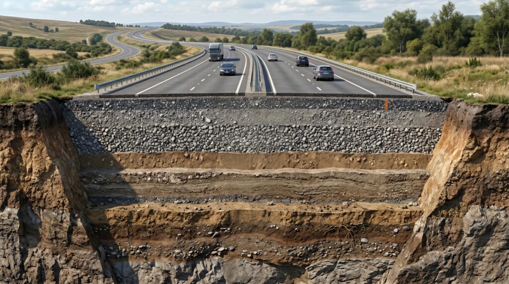Capas estructurales de una carretera debajo del asfalto