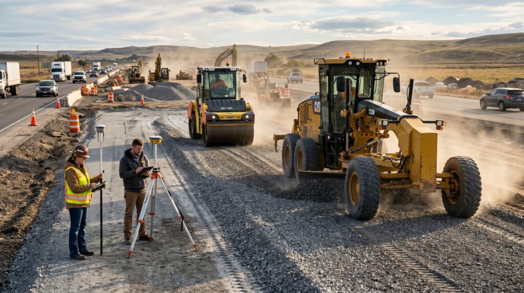 Construcción de la base hidráulica de una carretera