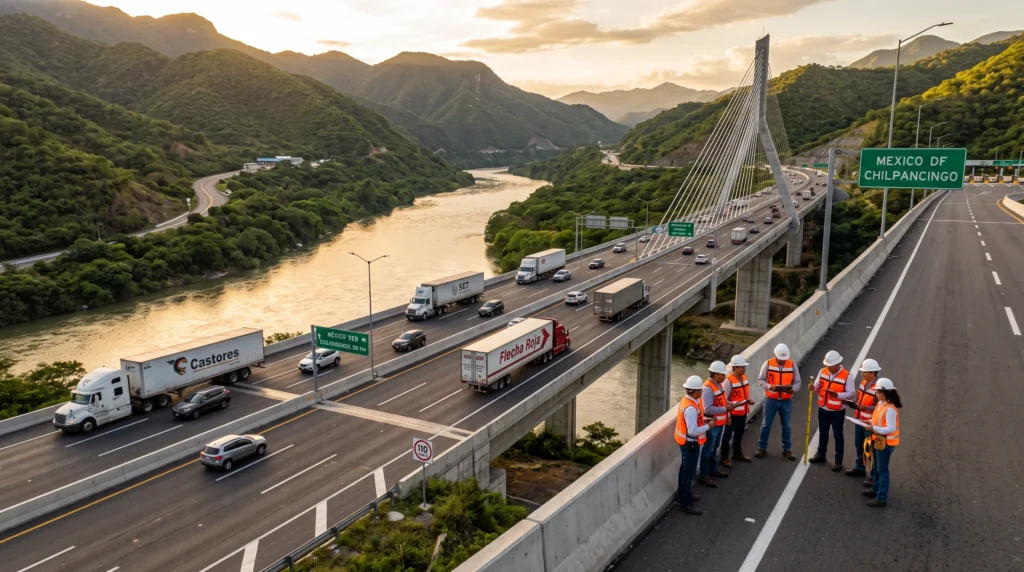 Trabajadores realizando los acabados finales de un puente carretero con parapetos, carpeta asfáltica y señalamiento vial