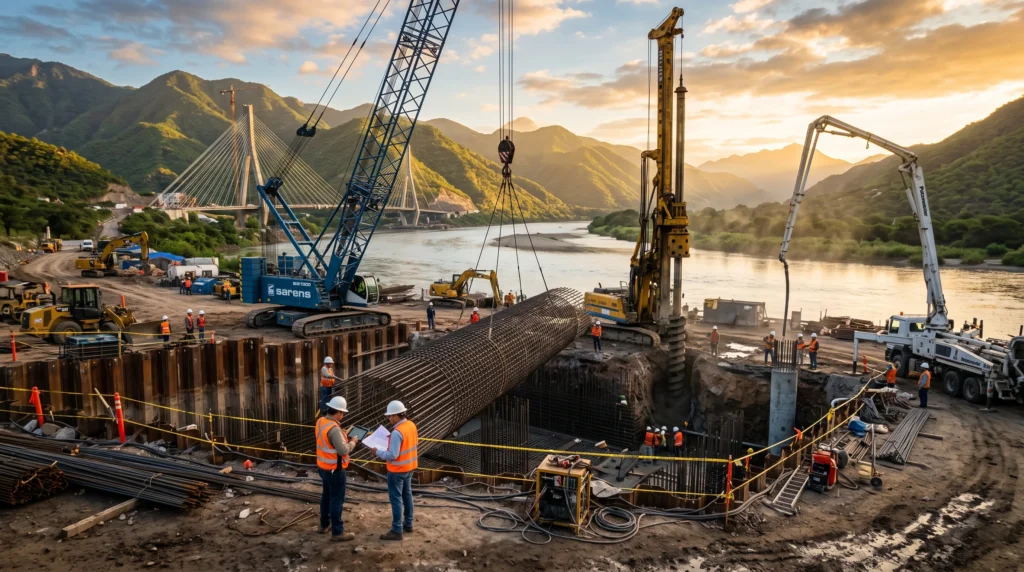 ¿Cómo se construye un puente? Puente carretero en construcción mostrando las principales etapas del proceso constructivo.