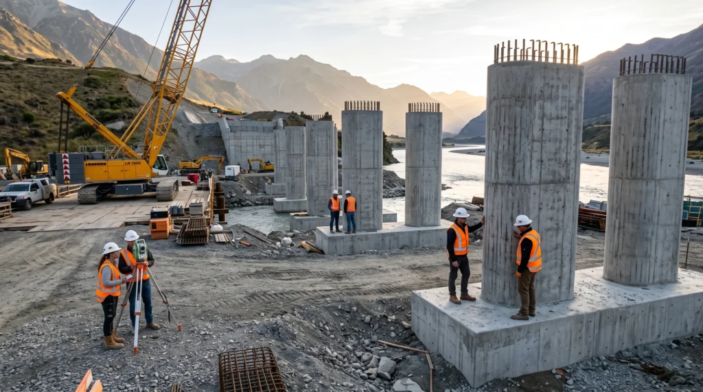 Columnas, cabezales y estribos construidos antes del montaje de las vigas de un puente carretero