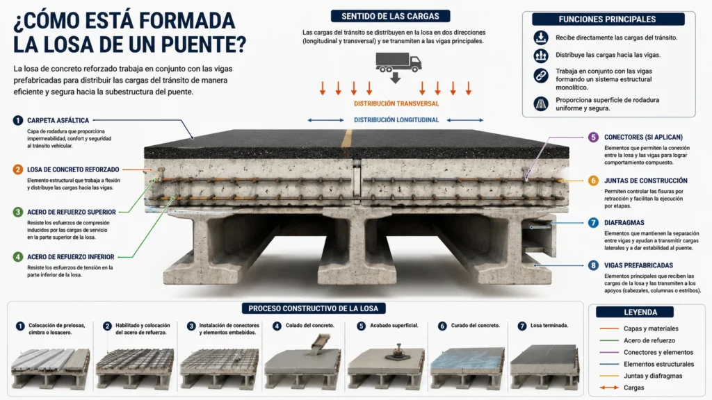 Infografía técnica que muestra las partes que componen la losa de un puente, incluyendo la carpeta asfáltica, losa de concreto reforzado, acero de refuerzo, vigas prefabricadas, diafragmas y juntas de construcción