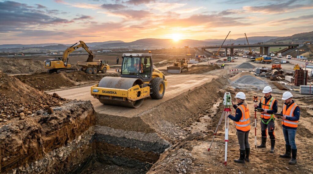 Rodillo vibratorio compactando el suelo durante la construcción de una carretera.