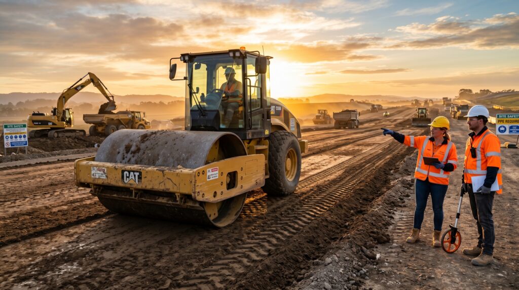 Rodillo compactador realizando trabajos de compactación del suelo antes de construir una carretera.