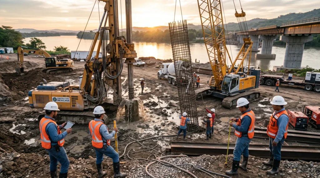 Perforadora hidráulica ejecutando un pilote de cimentación para la construcción de un puente.