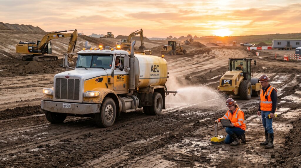 Pipa de agua humedeciendo el terreno antes de la compactación del suelo.