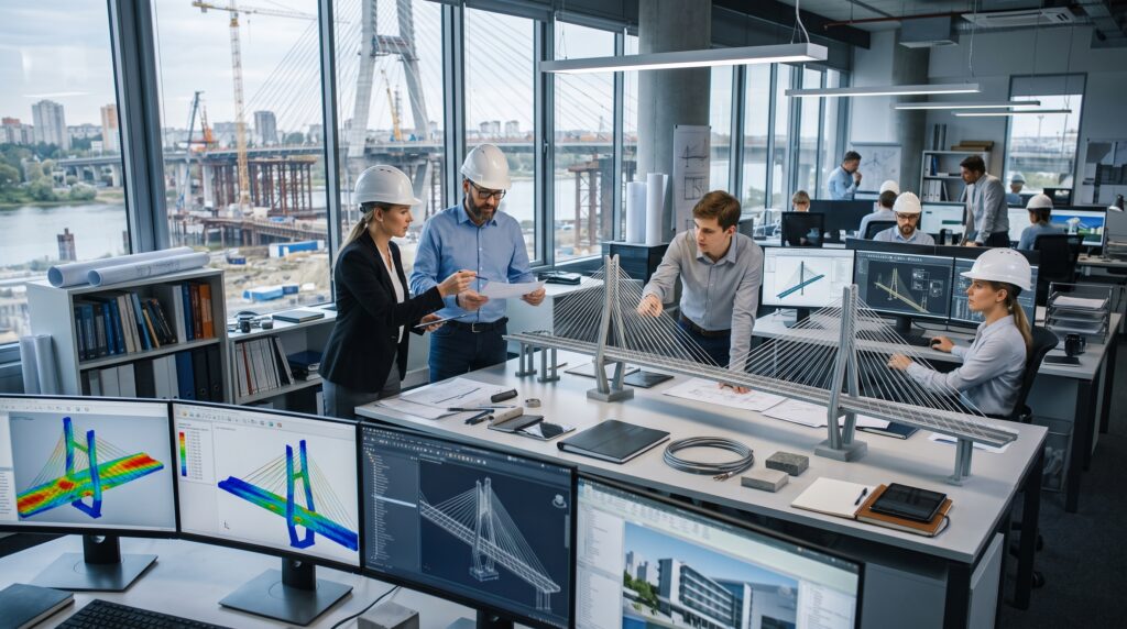 Ingenieros civiles desarrollando el diseño estructural de un puente mediante modelos digitales en computadora.