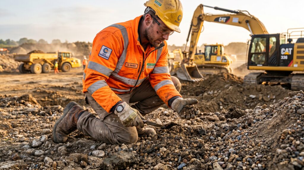 Ingeniero civil inspeccionando el terreno antes del proceso de compactación.