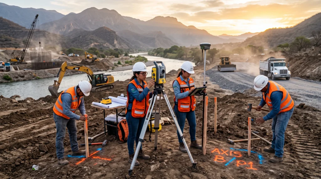 Ingenieros realizando el trazo y control topográfico antes de iniciar la construcción de un puente