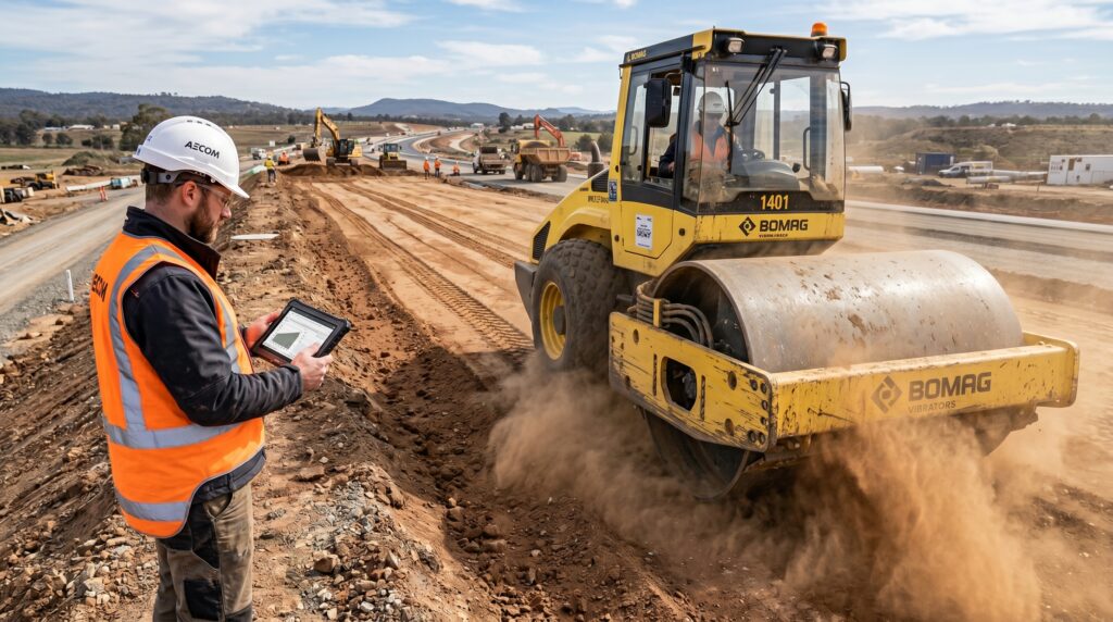 Rodillo vibratorio compactando una capa de suelo durante la construcción de una carretera.