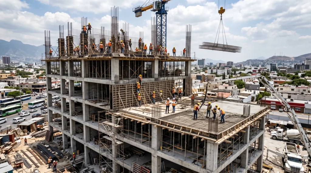 Trabajadores realizando el armado de acero y colado de columnas, trabes y losas durante la construcción de un edificio.
