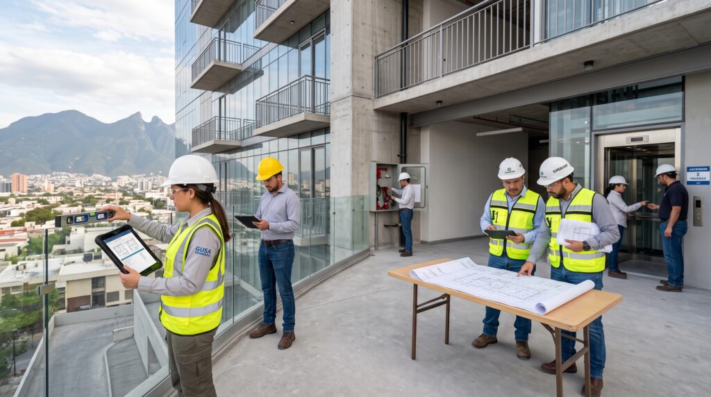 Ingenieros realizando la inspección final y pruebas antes de la entrega de un edificio.