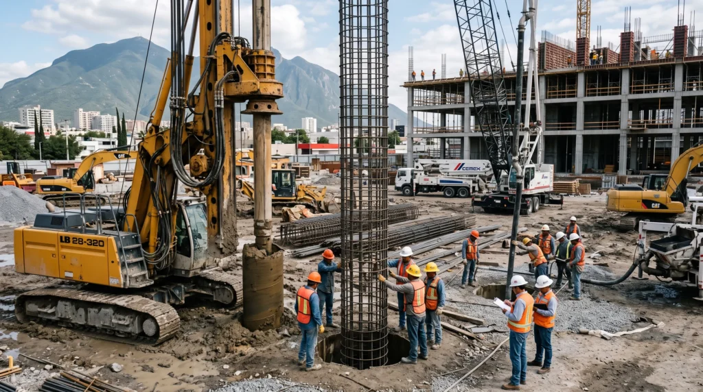 Perforadora hidráulica ejecutando pilas de cimentación para la construcción de un edificio