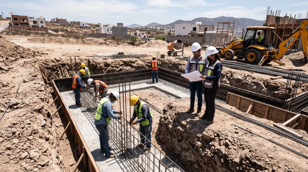 Personal de construcción realizando excavaciones, armado de acero y preparación de la cimentación de una casa habitación.