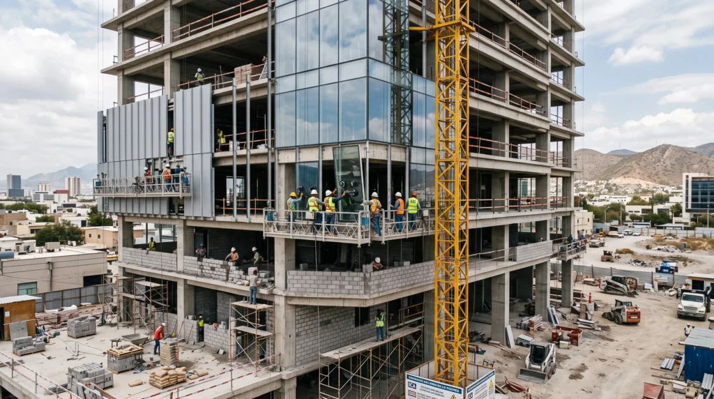 Trabajadores instalando fachadas de cristal, aluminio y muros exteriores durante la construcción de un edificio.