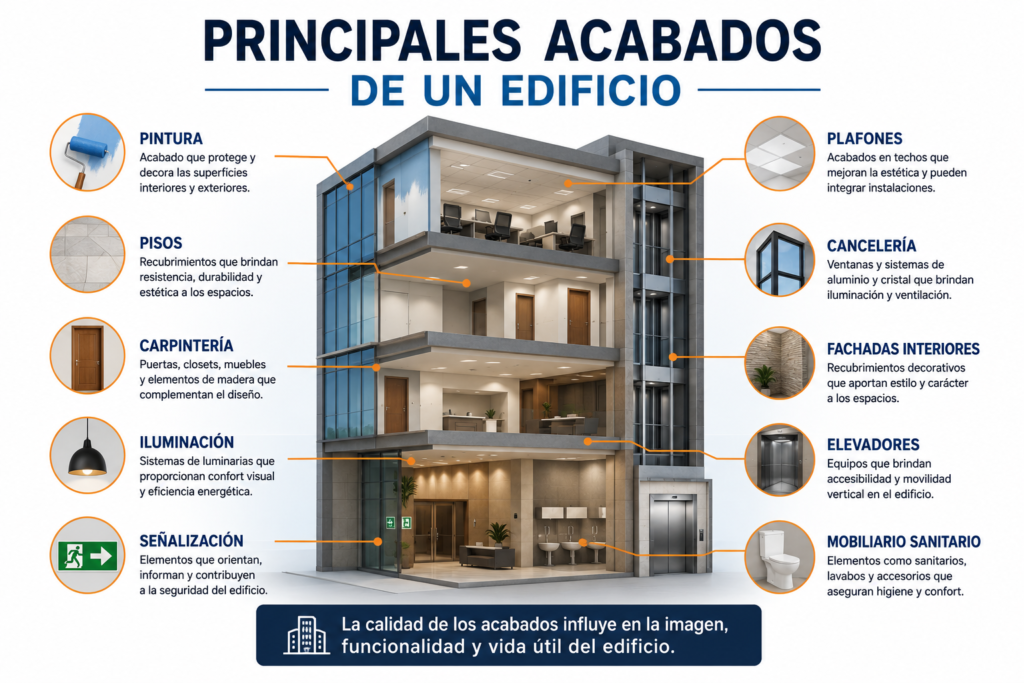 Infografía que muestra los principales acabados utilizados durante la construcción de un edificio.