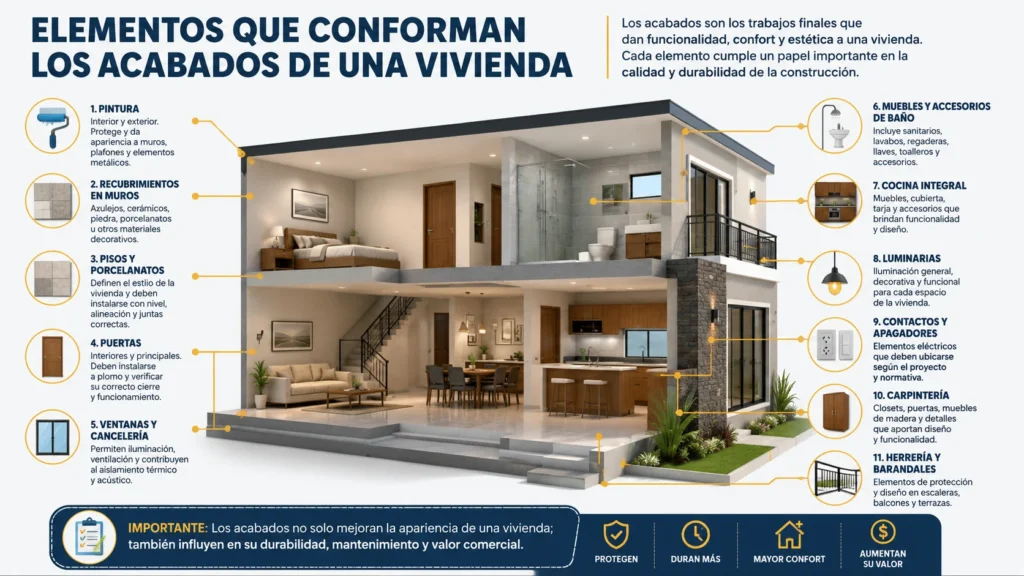 Infografía que muestra los principales acabados de una vivienda, incluyendo pisos, pintura, carpintería, cancelería, luminarias, accesorios sanitarios y recubrimientos.