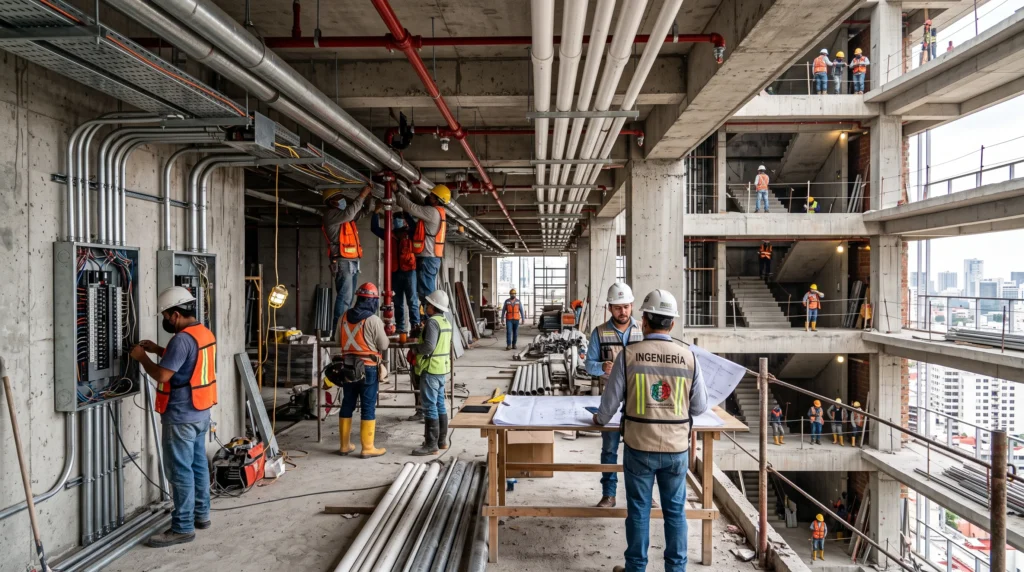 Trabajadores instalando tuberías hidráulicas, sanitarias, eléctricas y sistemas especiales en un edificio en construcción