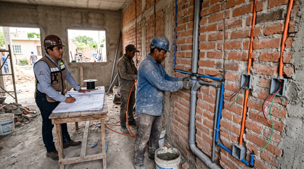 Trabajadores instalando tuberías hidráulicas, sanitarias y conduit eléctrico dentro de una vivienda en construcción.