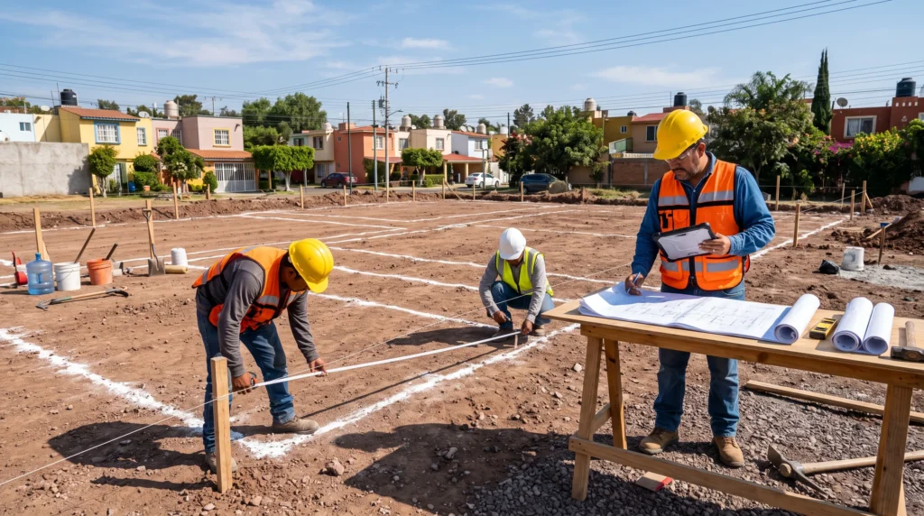 Trabajadores realizando la limpieza del terreno y el trazo de una casa utilizando estacas, hilo para albañil y herramientas de medición antes de iniciar la cimentación.