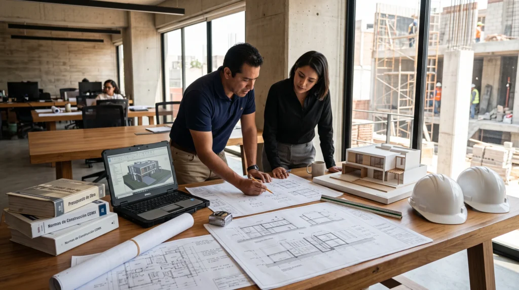 Arquitecto e ingeniero civil revisando planos arquitectónicos y estructurales durante la planeación de una vivienda