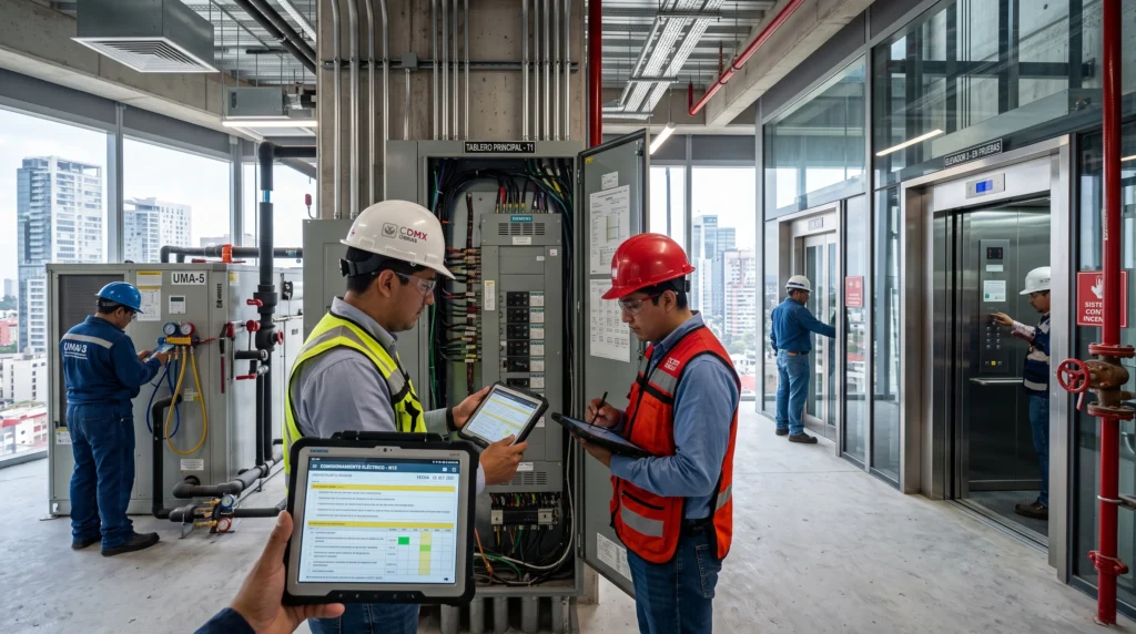 Ingenieros realizando la puesta en operación y mantenimiento inicial de un edificio recién construido.