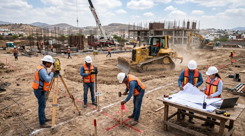 Topógrafos realizando el trazo y preparación del terreno antes de construir un edificio.
