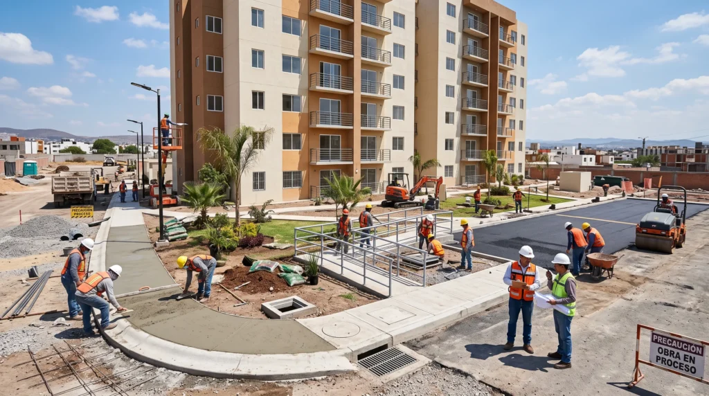 Trabajadores construyendo banquetas, estacionamientos y áreas exteriores durante la etapa final de un edificio.