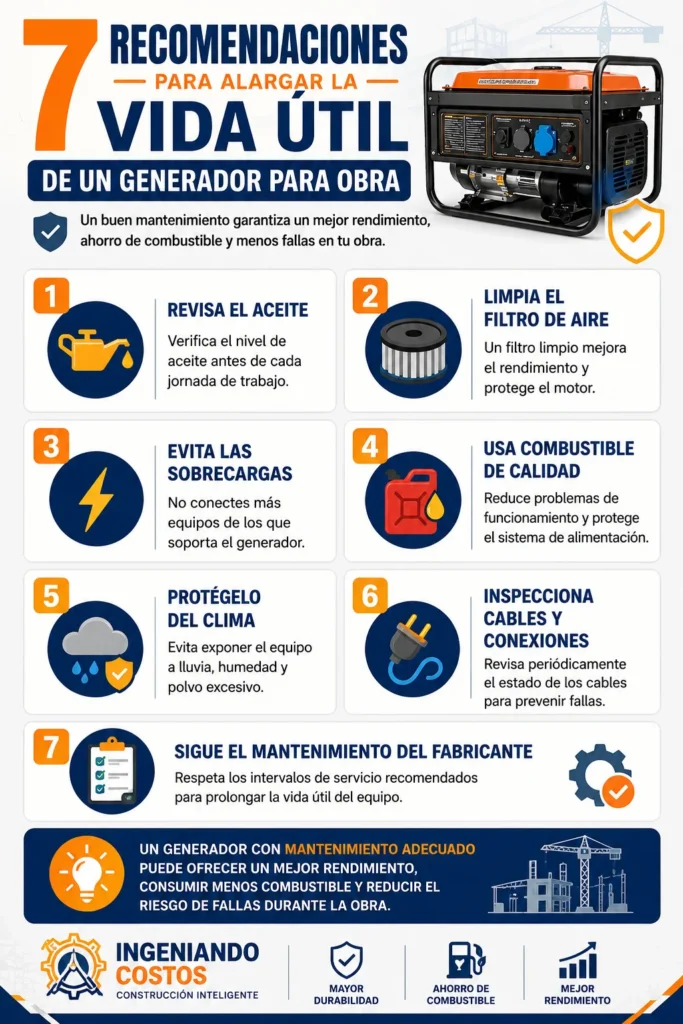 Infografía con siete recomendaciones para alargar la vida útil de un generador eléctrico para obra mediante un mantenimiento preventivo adecuado.