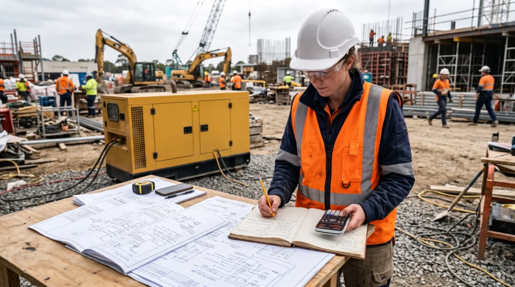 Ingeniero calculando la potencia necesaria de un generador eléctrico para una obra de construcción.