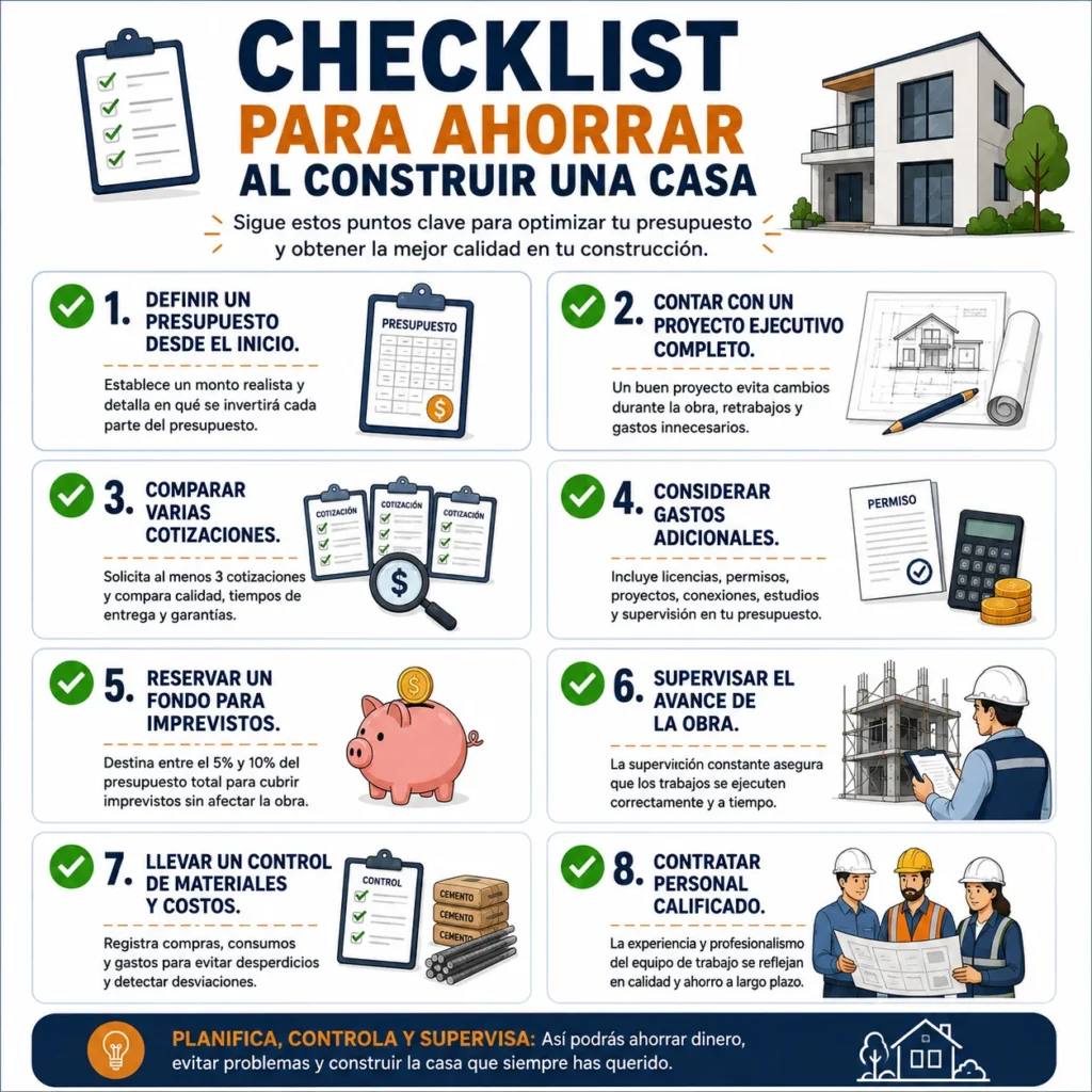 Infografía con un checklist de ocho recomendaciones para ahorrar al construir una casa sin sacrificar la calidad del proyecto.