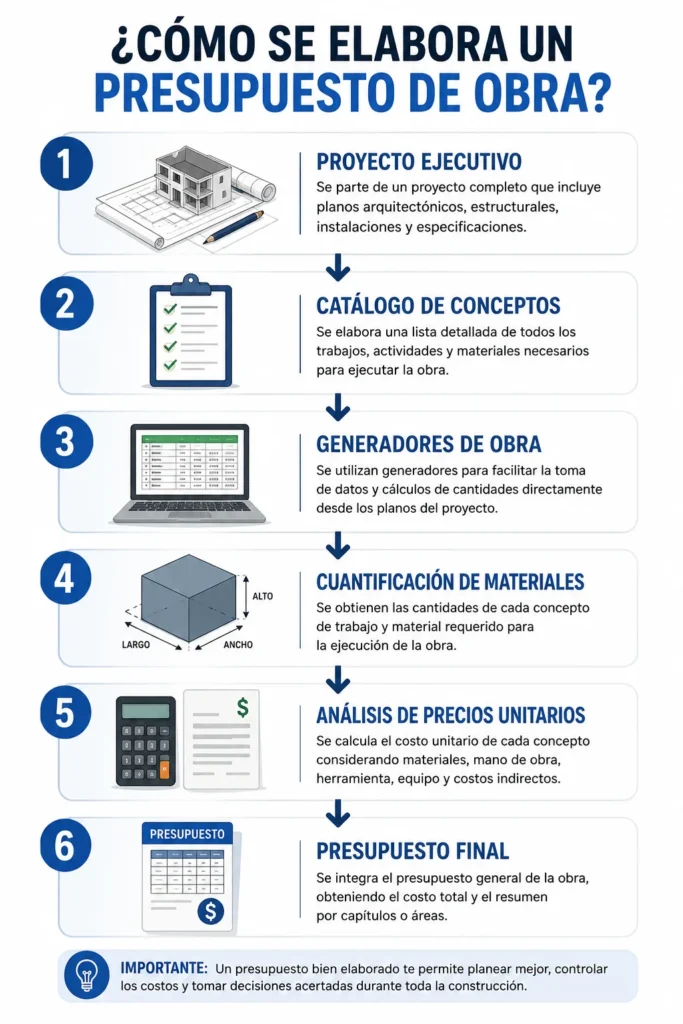 Infografía que muestra paso a paso cómo elaborar un presupuesto de obra, desde el proyecto ejecutivo hasta el presupuesto final.