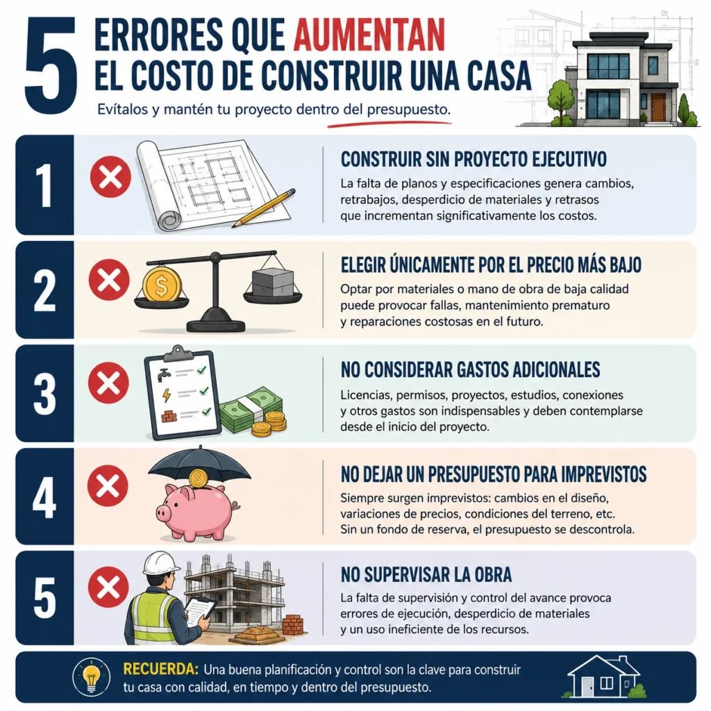 Infografía que muestra los cinco errores más comunes que aumentan el costo de construir una casa, como construir sin proyecto ejecutivo, elegir únicamente por el precio más bajo, no considerar gastos adicionales, no contemplar un fondo para imprevistos y no supervisar la obra.