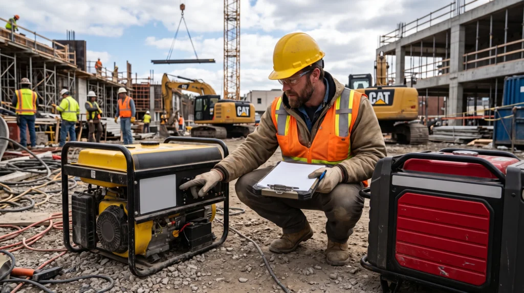 Ingeniero revisando las especificaciones de un generador eléctrico para obra antes de comprarlo.