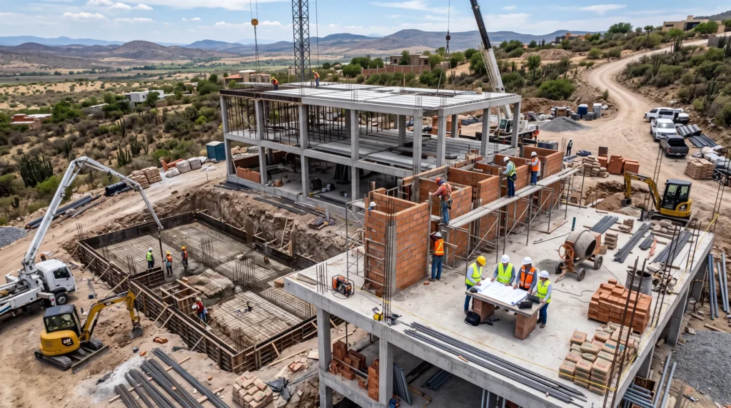 Ingenieros y trabajadores construyendo una vivienda mientras se muestran los principales factores que influyen en el costo de construcción.