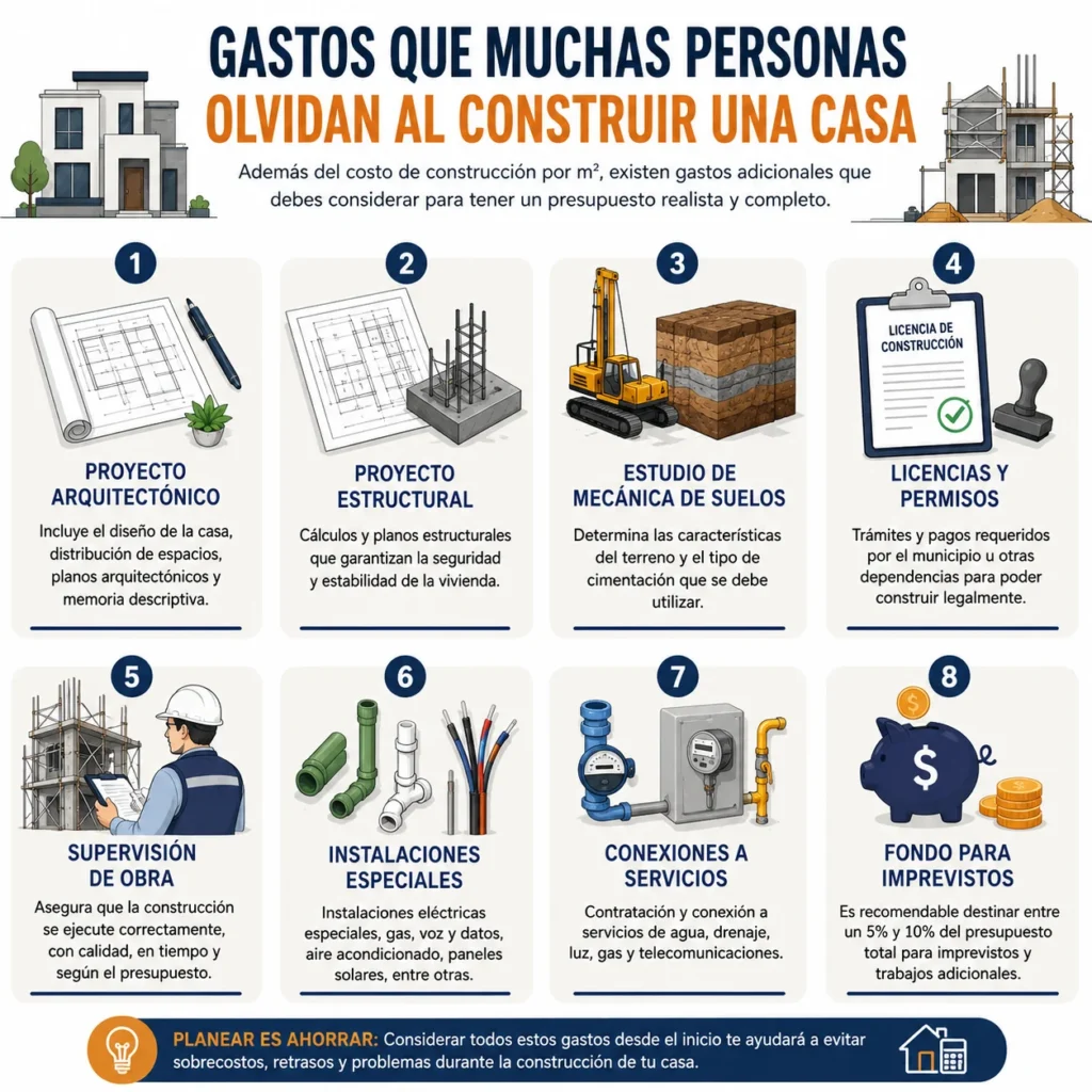 Infografía con los principales gastos adicionales que deben considerarse al construir una casa en México.