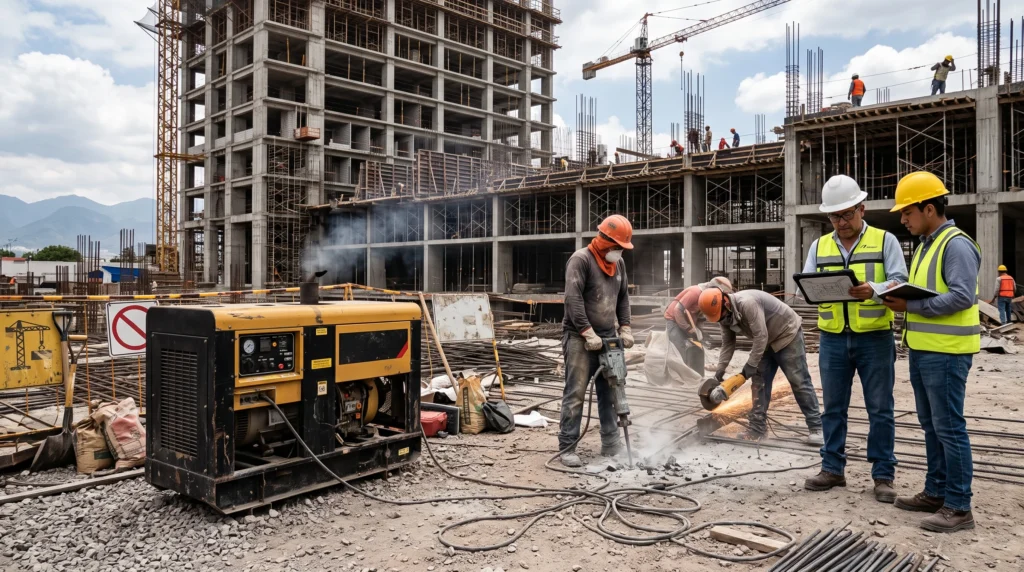 Generador eléctrico suministrando energía durante una obra de construcción.