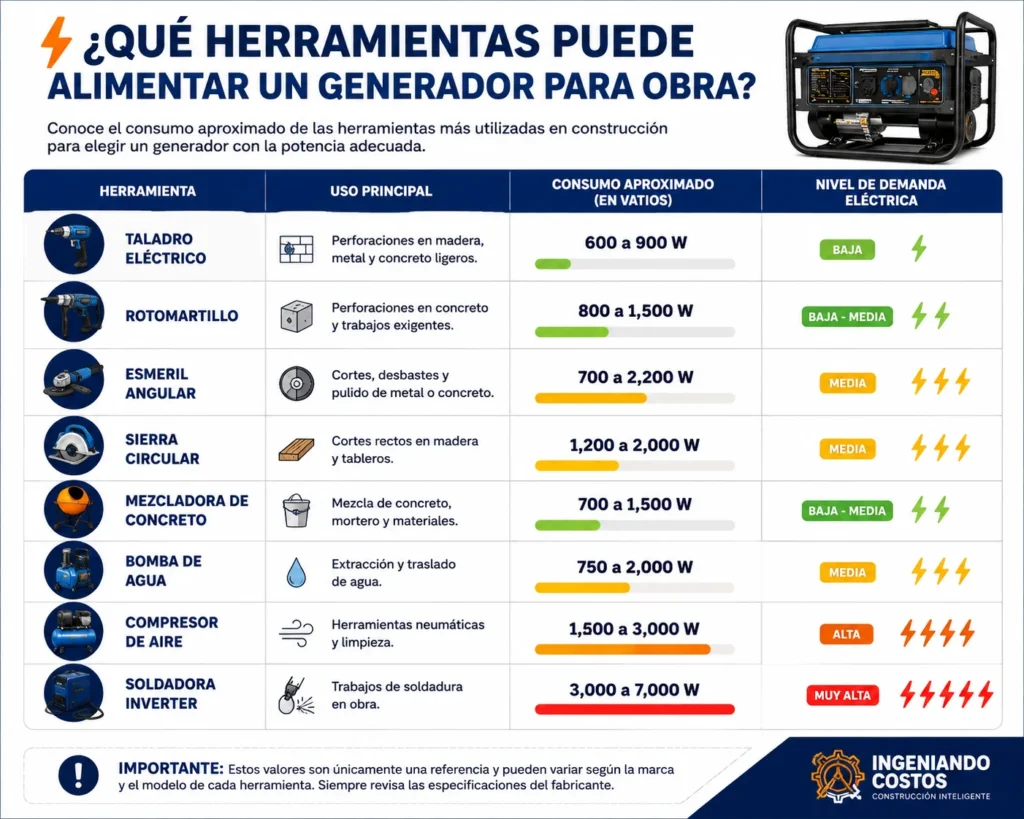 Infografía con el consumo aproximado de las herramientas más utilizadas en construcción para elegir un generador eléctrico con la potencia adecuada.