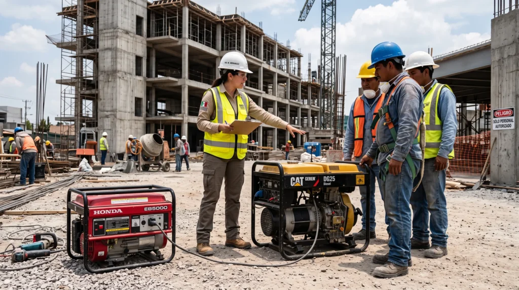 Comparación entre generadores eléctricos de gasolina y diésel utilizados en una obra de construcción.