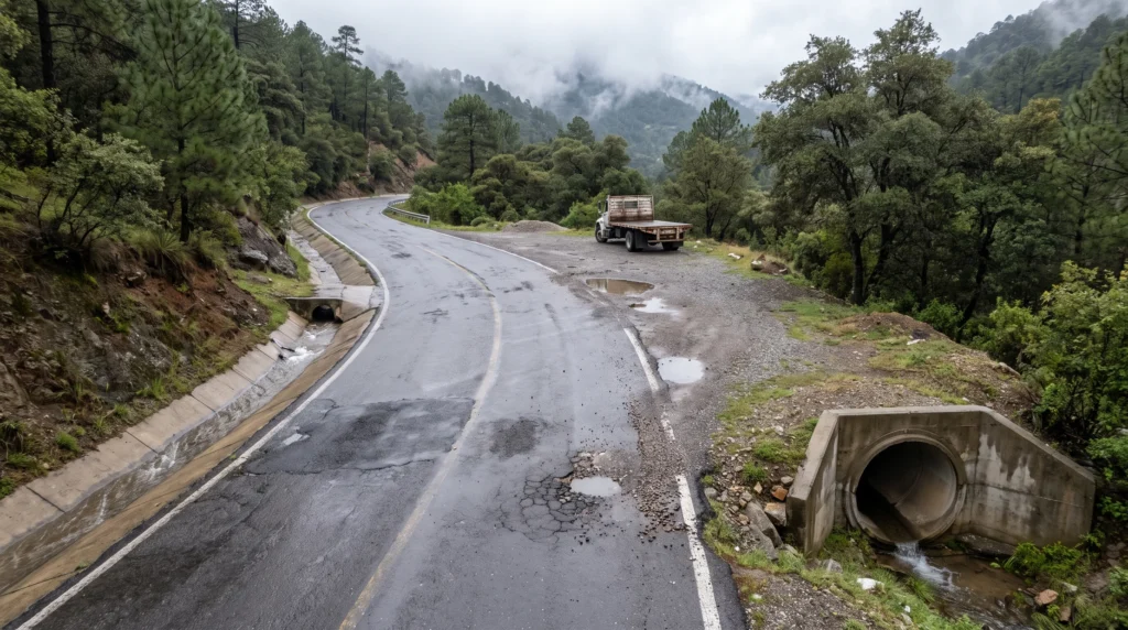 Drenaje superficial de una carretera durante lluvia
