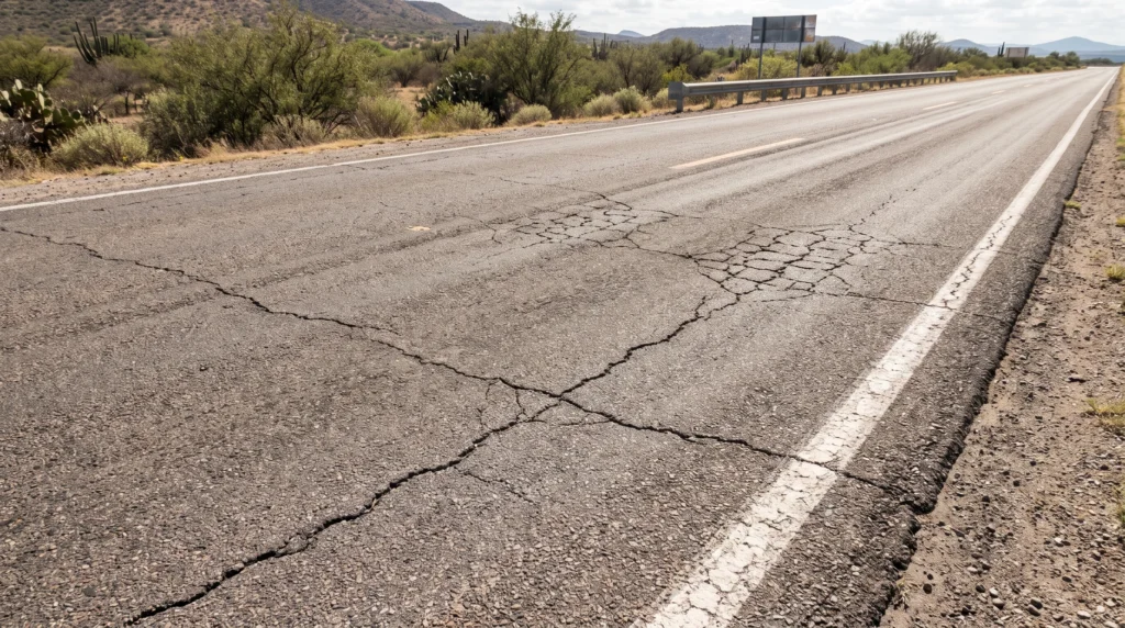 Diferentes tipos de deterioro en el pavimento de una carretera