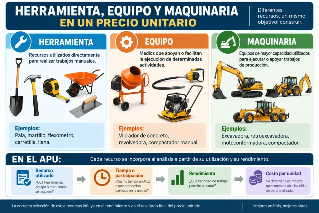 Diferencia entre herramienta, equipo y maquinaria utilizada en precios unitarios