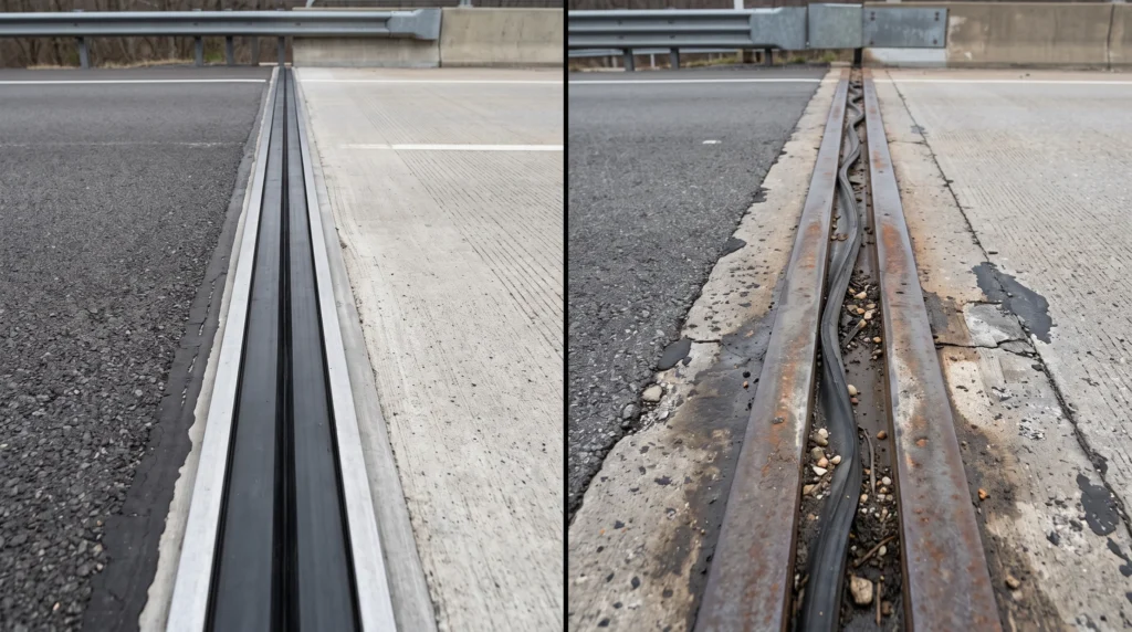 Comparación de juntas de expansión de puentes en buen estado y con deterioro visible en sus sellos y bordes.