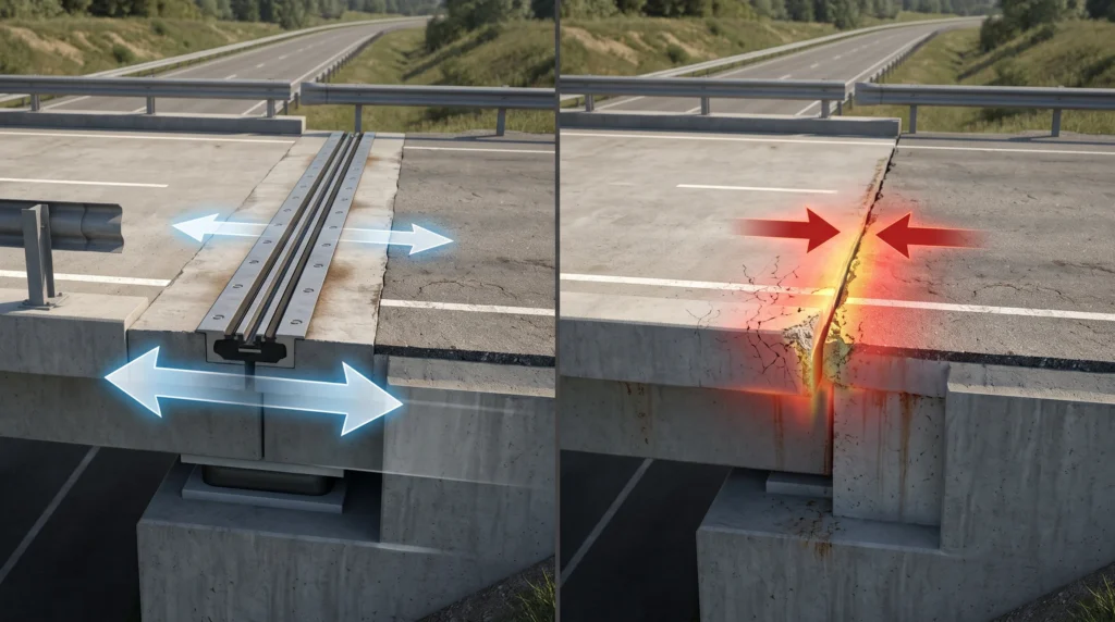Comparación de un puente con junta de expansión y una conexión que presenta dificultades para acomodar los movimientos estructurales.